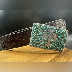 Men's Brown Leather Belt with Turquoise & Cross Buckle Upto 44”. Embossed